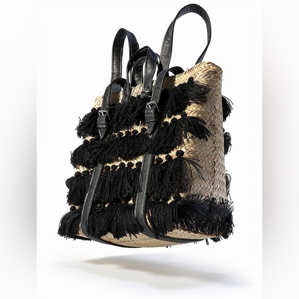 Black and Tan Straw Woven Tassel Tote Bag